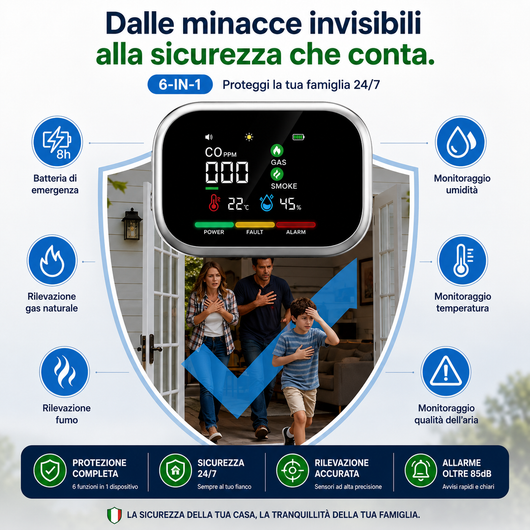 SicuraHome™ – Rilevatore 6 in 1 di Gas, CO e Fumo